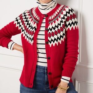 Talbots Joyous Fair Isle Crewneck Cardigan Size Medium Red Cotton Sweater